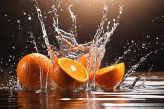 some juicy oranges brown table, raw, 4k, masterpiece, realistic photography, freshness, coolness, foodstyling, perfect fruits, fresh water transpiration, all wet with water, (((splash)))
 of orange juice