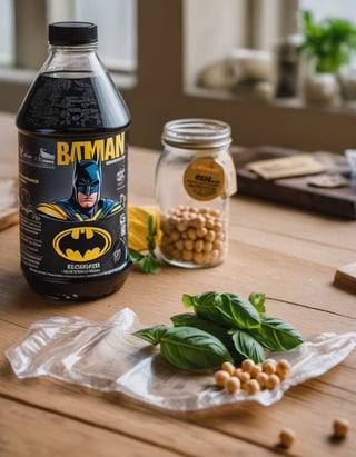 batman, they have some water, resting on a wooden table we can see the betas of the wood, two packages of basil, hd, 8k, masterpiece, one light, chickpeas, cenital camera, nikon d800, raw

