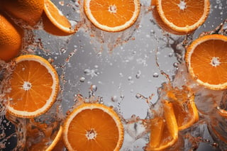 some juicy oranges brown table, raw, 4k, masterpiece, realistic photography, freshness, coolness, foodstyling, perfect fruits, fresh water transpiration, all wet with water, (((splash)))
 of orange juice