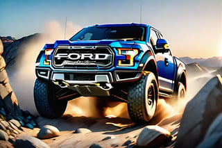 Ford raptor big jumping in rocks, high detail ford raptor dark blue, natural photography, dramatic light, advertising shooting, 4k, high resolution, realistic photography, 13hs, sharpen more, truck lights are turn on, perfect details of the truck, aereal shoot, 120 mph, alpha channel, more landscape, zoom out, sunset, saturated colors,mecha