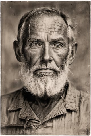 weathered,  elderly man,  deep creases,  time-worn,  weather-beaten,  aged appearance,  rugged jawline,  thick salt-and-pepper beard,  stubble,  solitude etched on his face,  contemplative expression,  intense gaze,  visible signs of a life well-lived,  intricate network of scars and blemishes,  intricate mechanical structures peeking through damaged skin,  complex system of artificial nerves,  intertwining wires and circuits,  eyes filled with profound wisdom,  wrinkles etched deeply,  weariness evident in his features,  tears glistening in his eyes,  hyper-realistic portrayal,  close-up view emphasizing every detail, 