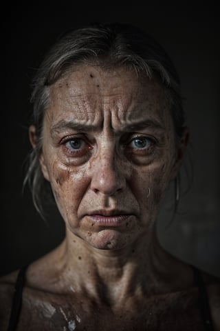 portrait of very dirty woman, looking very suffering, crying, in a grey room
, hd, 8k, masterpiece, one light, realistic photography, hasselblad, raw, hiperrealism, medium format sensor camera, super prime cinema lens, (((filtered light))) , concret background, 