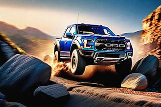 Ford raptor big jumping in rocks, high detail ford raptor dark blue, natural photography, dramatic light, advertising shooting, 4k, high resolution, realistic photography, 13hs, sharpen more, truck lights are turn on, perfect details of the truck, aereal shoot, 120 mph, alpha channel, more landscape, zoom out, sunset, saturated colors