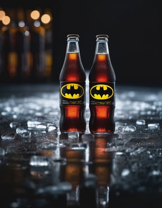 cola soda bottles batman brand on the ice , hd, 8k, masterpiece, one light, hasselbrlad, raw, hiperrealism, medium format sensor camera, super prime cinema lens, (((((100mm lens))))), (((filtered light))) black background, marvel_comics, mirror floor


