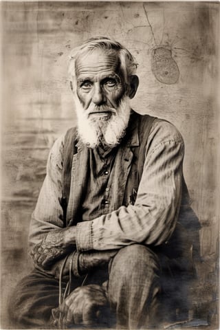 vogue themme, weathered,  elderly man, pen draw effect,  deep creases,  time-worn,  weather-beaten,  aged appearance,  rugged jawline,  thick salt-and-pepper beard,  stubble,  solitude etched on his face,  contemplative expression,  intense gaze,  visible signs of a life well-lived,  intricate network of scars and blemishes,  intricate mechanical structures peeking through damaged skin,  complex system of artificial nerves,  intertwining wires and circuits,  eyes filled with profound wisdom,  wrinkles etched deeply,  weariness evident in his features,  tears glistening in his eyes,  hyper-realistic portrayal,  close-up view emphasizing every detail, 