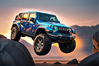 jeep wrangler big jumping in rocks, high detail ford raptor dark blue, natural photography, dramatic light, advertising shooting, 4k, high resolution, realistic photography, 13hs, sharpen more, truck lights are turn on, perfect details of the truck, aereal shoot, 120 mph, alpha channel, more landscape, zoom out, sunset, 