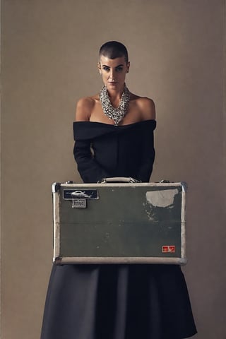 photo of sinead o'connor with astronaut suitcase, rule of thirds, dramatic lighting, medium hair, detailed face, detailed nose, woman naked, soft freckles, smirk, intricate background,realism,realistic,raw,analog,woman,portrait,photorealistic,analog,realism, front light medium power. 8k, mohicano haircut