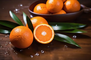 some oranges on a brown table, raw, 4k, masterpiece, realistic photography, freshness, coolness, foodstyling, perfect fruits, fresh water transpiration, all wet with water
