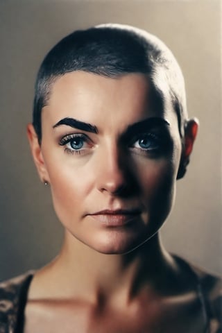 photo of sinead o'connor, rule of thirds, dramatic lighting, medium hair, detailed face, detailed nose, woman naked, soft freckles, smirk, intricate background,realism,realistic,raw,analog,woman,portrait,photorealistic,analog,realism, front light medium power. 8k, mohicano haircut