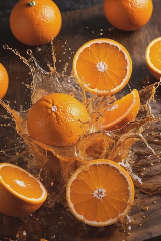 EXPLOTION OF SOME oranges brown table, raw, 4k, masterpiece, realistic photography, freshness, coolness, foodstyling, perfect fruits, all wet with juice, (((splash of orange juice))) color orange