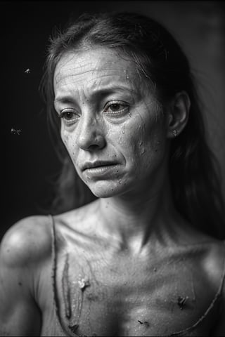 
portrait of a woman thousands of small flies flying around her, with a very suffering face, her wind is dirty broken from the 17th century, crying, in a grey room
, hd, 8k, masterpiece, one light, realistic photography, hasselblad, raw, hiperrealism, medium format sensor camera, super prime cinema lens, (((filtered light))) , concret background, 