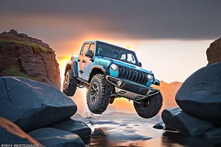 jeep wrangler big jumping in rocks, high detail ford raptor dark blue, natural photography, dramatic light, advertising shooting, 4k, high resolution, realistic photography, 13hs, sharpen more, truck lights are turn on, perfect details of the truck, aereal shoot, 120 mph, alpha channel, more landscape, zoom out, sunset,