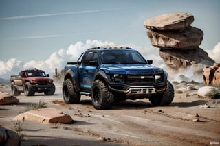 3 ford raptor big jumping in rocks, high detail ford raptor dark blue, natural photography, dramatic light, advertising shooting, 4k, high resolution, realistic photography, 13hs, sharpen more, truck lights are turn on, perfect details of the car, aereal shoot, 120 mph, alpha channel, more landscape, zoom out, sunset, saturated colors
