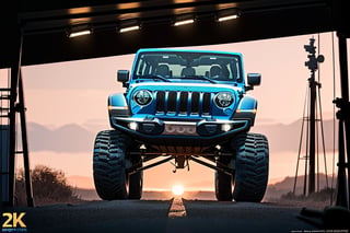 jeep wrangler big jumping in film sudiot, high detail ford raptor dark blue, natural photography, dramatic light, advertising shooting, 4k, high resolution, realistic photography, sharpen more, truck lights are turn on, perfect details of the truck, aereal shoot, 120 mph, alpha channel, more landscape, zoom out, sunset, 