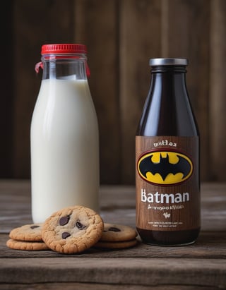 milk bottle batman brand, resting on a wooden table we can see the betas of the wood, two cookies, hd, 8k, masterpiece, one light, soja, cenital camera, nikon d800, raw, hiperrealism, medium format lens, super prime cinema lens, 100mm lens

