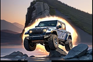 jeep wrangler big jumping in rocks, high detail ford raptor dark blue, natural photography, dramatic light, advertising shooting, 4k, high resolution, realistic photography, 13hs, sharpen more, truck lights are turn on, perfect details of the truck, aereal shoot, 120 mph, alpha channel, more landscape, zoom out, sunset,