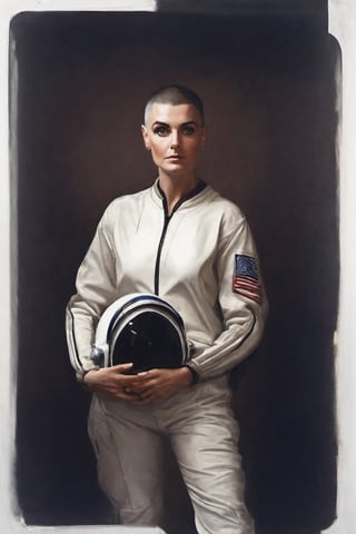 photo of sinead o'connor with astronaut suitcase, rule of thirds, dramatic lighting, medium hair, detailed face, detailed nose, woman naked, soft freckles, smirk, intricate background,realism,realistic,raw,analog,woman,portrait,photorealistic,analog,realism, front light medium power. 8k, mohicano haircut