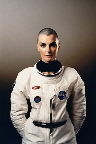 photo of sinead o'connor with astronaut suit, copkit , rule of thirds, dramatic lighting, medium hair, detailed face, detailed nose, woman naked, soft freckles, smirk, intricate background,realism,realistic,raw,analog,woman,portrait,photorealistic,analog,realism, front light medium power. 8k, mohicano haircut