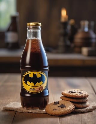 cola drink bottle batman brand, resting on a wooden table , betas of the wood, two cookies, hd, 8k, masterpiece, one light, soja, cenital camera, nikon d800, raw, hiperrealism, medium format sensor camera, super prime cinema lens, (((((100mm lens))))), (((filtered light)))

