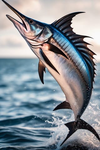 RAW natural photo Of fishing marlin, only one light cenital chimera, day advertising shooting, realistic photograph, sharp focus, depth of field, shoot, ,side shot, side shot, ultrahd, realistic, vivid colors, highly detailed, perfect composition, 8k, photorealistic concept art, soft natural volumetric cinematic perfect light,booth,food focus, UP THE CAMERA
