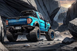 Ford raptor big jumping in rocks, high detail ford raptor dark blue, natural photography, dramatic light, advertising shooting, 4k, high resolution, realistic photography, 13hs, sharpen more, truck lights are turn on, perfect details of the truck, aereal shoot, 120 mph, alpha channel, more landscape, zoom out, sunset, saturated colors