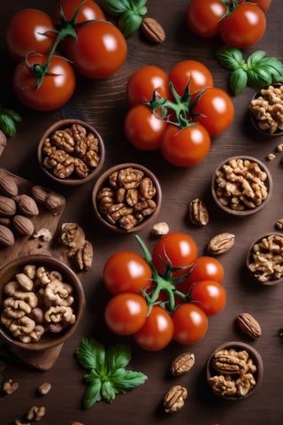  tomatoes on a brown table, walnuts, raw, 4k, masterpiece, realistic photography, freshness, coolness
