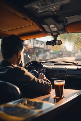 RAW natural photo Of photo shot inside a taxi, the camera is in the back seat looking forward, the turkish taxi driver is looking back, only one light cenital chimera, day advertising shooting, realistic photograph, sharp focus, depth of field, shoot, ,side shot, side shot, ultrahd, realistic, vivid colors, highly detailed, perfect composition, 8k, photorealistic concept art, soft natural volumetric cinematic perfect light,booth,food focus, UP THE CAMERA
