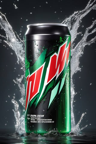 High quality, masterpiece, 4K, quality, Tyndall effect, RAW natural photo of (((perfect))) mountain dew can, fresh, water splash, only one light cenital chimera, day advertising shooting, realistic photograph, sharp focus, depth of field, shoot, ,side shot, side shot, ultrahd, realistic, vivid colors, highly detailed, perfect composition, 8k, photorealistic concept art, soft natural volumetric cinematic perfect light,booth, food focus, black background
