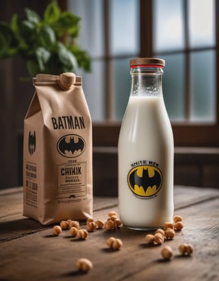 milk bottle batman brand, they have some water, resting on a wooden table we can see the betas of the wood, two packages of basil, hd, 8k, masterpiece, one light, chickpeas, cenital camera, nikon d800, raw

