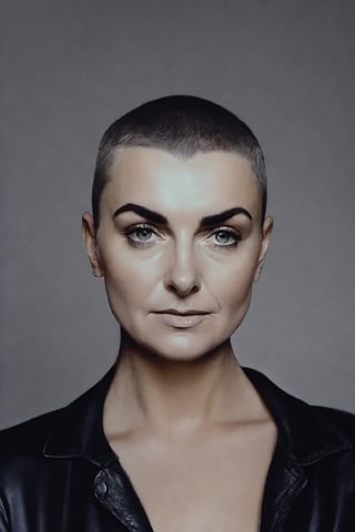 photo of sinead o'connor, rule of thirds, dramatic lighting, medium hair, detailed face, detailed nose, woman naked, soft freckles, smirk, intricate background,realism,realistic,raw,analog,woman,portrait,photorealistic,analog,realism, front light medium power. 8k, mohicano haircut