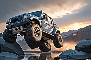 jeep wrangler big jumping in rocks, high detail ford raptor dark blue, natural photography, dramatic light, advertising shooting, 4k, high resolution, realistic photography, 13hs, sharpen more, truck lights are turn on, perfect details of the truck, aereal shoot, 120 mph, alpha channel, more landscape, zoom out, sunset,