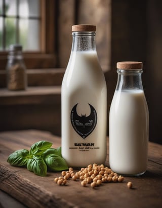 milk bottle batman brand, they have some water, resting on a wooden table we can see the betas of the wood, two packages of basil, hd, 8k, masterpiece, one light, chickpeas, cenital camera, nikon d800, raw

