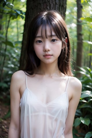 (((deep in the woods))),(looking at the audience), (Focus on the face),
人：(((((1 little girl))))),(((little girl's body))),
優：High resolution, realistic and delicate high texture,Warm and delicate skin texture,
體：(Small, tender and beautiful top small breasts),
髮：Long hair, bangs,
服：(((Spaghetti strap sleeveless sheer shirt made of tulle))),