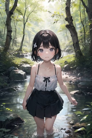 (((By the creek deep in the woods))),(looking at the audience),(((Only the face enters the camera))),
人：a korean little daughter,(((Pure and restrained little daughter))),
服：(sleeveless spaghetti straps),