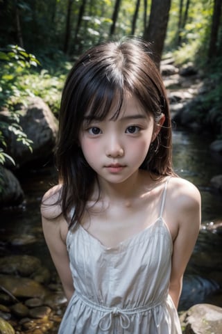 (((By the creek deep in the woods))),(looking at the audience),(((Only the face enters the camera))),(((Half body enters the camera))),
人：a korean little daughter,(((Pure and restrained little daughter))),
服：(sleeveless spaghetti straps),