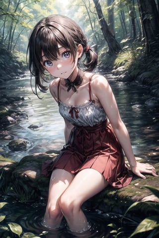 (((By the creek deep in the woods))),(looking at the audience),(((Only the face enters the camera))),
人：a korean little daughter,(((Pure and restrained little daughter))),
服：(sleeveless spaghetti straps),