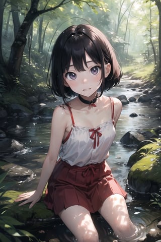 (((By the creek deep in the woods))),(looking at the audience),(((Only the face enters the camera))),
人：a korean little daughter,(((Pure and restrained little daughter))),
服：(sleeveless spaghetti straps),