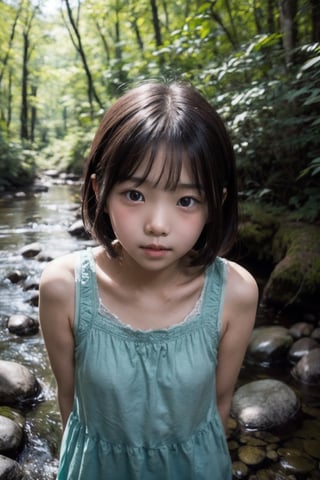 (((By the creek deep in the woods))),(looking at the audience),(((Only the face enters the camera))),
人物：a korean little daughter,(((Pure and restrained little daughter))),
頭髮：(bangs),