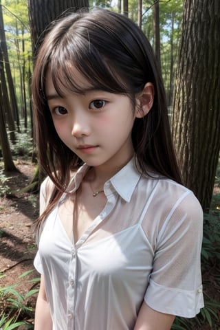 (((deep in the woods))),(looking at the audience),(close to the camera, close to the audience),face close-up,(focus on chest),
人物：(((a korean little girl:1.3))),(Korean actress Lim Yoona),(((little girl of elementary school age))),(childish body:1.3),childish breasts,
優化：(((16K texture structure))),
頭髮：(bangs),long hair,
服飾：(White thin strap sheer shirt),