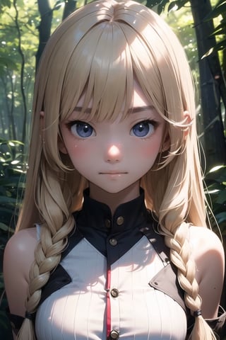 (((deep in the woods))),(looking at the audience),
(((Photos that focus on faces))), (((focus on the face))),
人：1 korean young girl,
髮：(bangs),very long hair,(((light blonde hair))),(((hair weaving:1.4))),
服：((low-cut)),(sleeveless spaghetti straps),