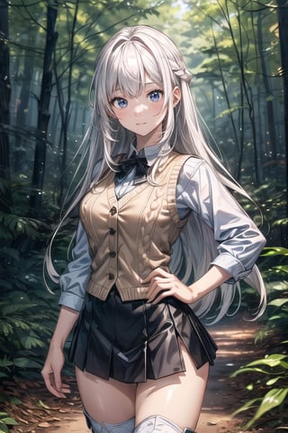 (((In the woods))), (((look at the audience))), (focus on face),
人：(((a korean girl))), (low-cut),
優：(((16K texture structure))), (beautiful body proportions),
髮：(bangs), (((long hair))),(((white hair))),
服飾：(knitted vest),(patterned mini skirt),(black boots),