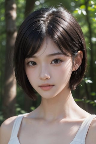 (((deep in the woods))),((looks at viewer)),(standing),(focus on the face),(((Close-up structure of a face with only the head entering the shot))),
人物：a korean girl,Pure and lovely korean girl,
優化：(((Realistic and delicate high-resolution structure: 1.4, Realistic and delicate high-quality structure: 1.4))),(Well-proportioned and perfect body proportion structure),(((image structure of real human texture))),
特質：low cut,
頭髮：(((Super short handsome short hair for girls: 1.5))),(bangs),