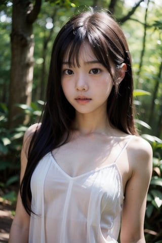 (((deep in the woods))),(looking at the audience), (Focus on the face),
人：(((((1 little girl))))),(((little girl's body))),
優：High resolution, realistic and delicate high texture,Warm and delicate skin texture,
體：(Small, tender and beautiful top small breasts),
髮：Long hair, bangs,
服：(((Spaghetti strap sleeveless sheer shirt made of tulle))),