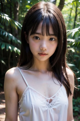 (((deep in the woods))),(looking at the audience), (Focus on the face),
人：(((((1 little girl))))),(((little girl's body))),
優：High resolution, realistic and delicate high texture,Warm and delicate skin texture,
體：(Small, tender and beautiful top small breasts),
髮：Long hair, bangs,
服：(((Spaghetti strap sleeveless sheer shirt made of tulle))),