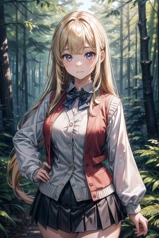 (((In the woods))), (((look at the audience))), (focus on face),
人：(((a korean girl))), (low-cut),
優：(((16K texture structure))), (beautiful body proportions),
髮：(bangs), (((long hair))),(((blond))),
服飾：(knitted vest),(patterned mini skirt),