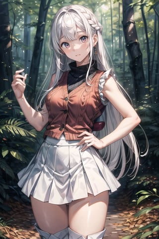 (((In the woods))), (((look at the audience))), (focus on face),
人：(((a korean girl))), (low-cut),
優：(((16K texture structure))), (beautiful body proportions),
髮：(bangs), (((long hair))),(((white hair))),
服飾：(knitted vest),(patterned mini skirt),(black boots),