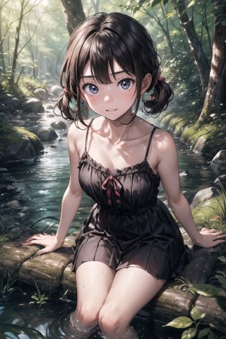 (((By the creek deep in the woods))),(looking at the audience),(((Only the face enters the camera))),
人：a korean little daughter,(((Pure and restrained little daughter))),
服：(sleeveless spaghetti straps),