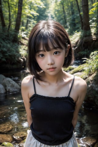 (((By the creek deep in the woods))),(looking at the audience),(((Only the face enters the camera))),
人：a korean little daughter,(((Pure and restrained little daughter))),
髮：(bangs),
服：(sleeveless spaghetti straps),