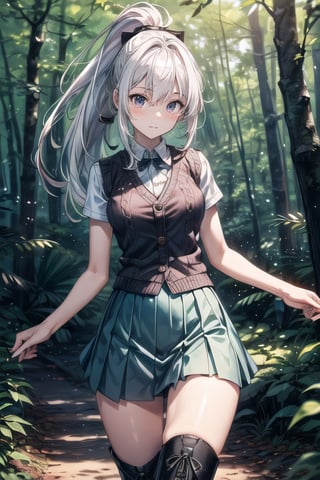 (((In the woods))), (((look at the audience))), (focus on face),
人：(((a korean girl))), (low-cut),
優：(((16K texture structure))), (beautiful body proportions),
髮：(bangs), (((long hair))),(((white hair))),(ponytail),
服飾：(knitted vest),(patterned mini skirt),(black boots),