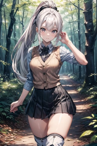 (((In the woods))), (((look at the audience))), (focus on face),
人：(((a korean girl))), (low-cut),
優：(((16K texture structure))), (beautiful body proportions),
髮：(bangs), (((long hair))),(((white hair))),(ponytail),
服飾：(knitted vest),(patterned mini skirt),(black boots),